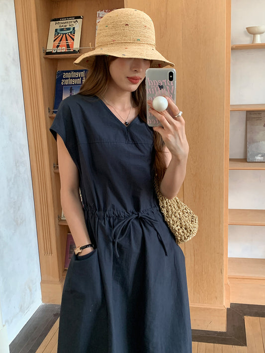 CGB0658-36H 休閒簡約系帶收腰純色V領寬鬆大口袋連衣裙