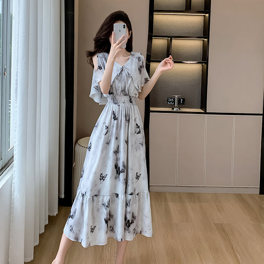 📺︎︎ CGBMD1358-41B 夏季印花雪紡中長款露肩連衣裙