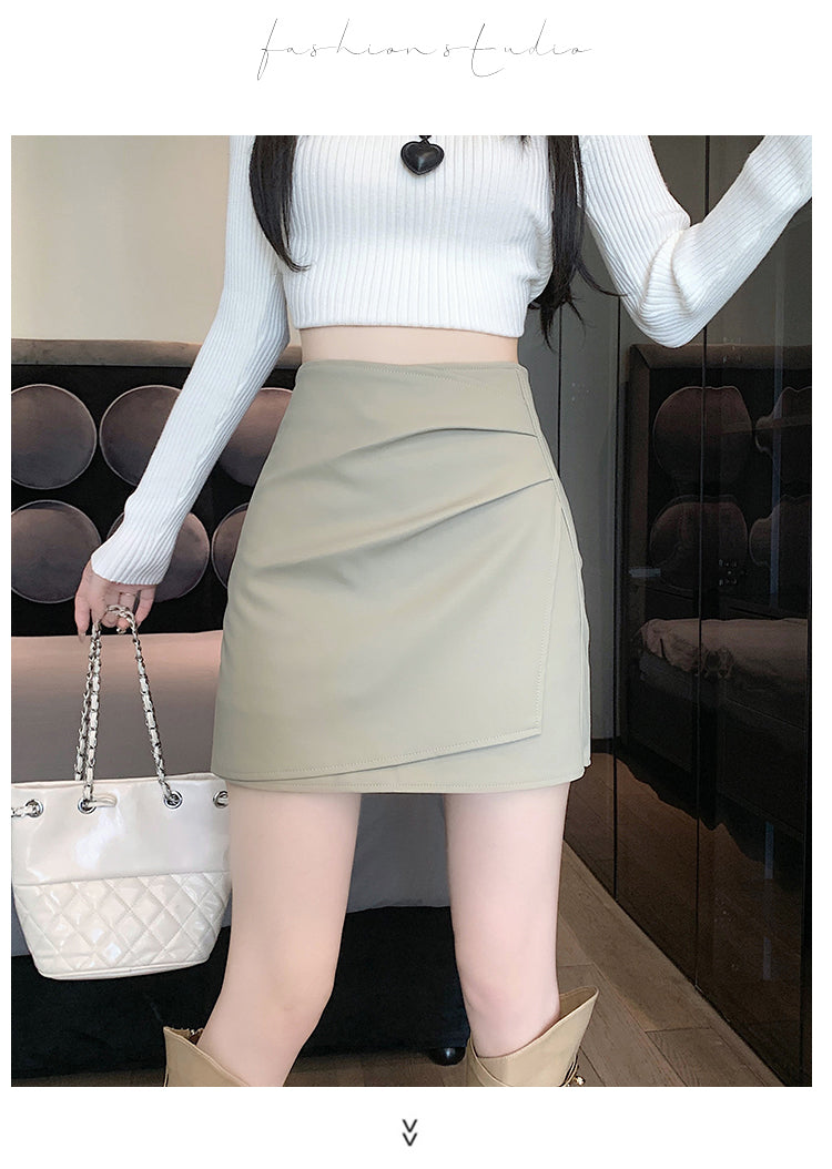 📺︎︎ CGS1134-58B 秋高腰褶皺柔軟皮不規則包臀PU皮A字半身裙短裙(3色)