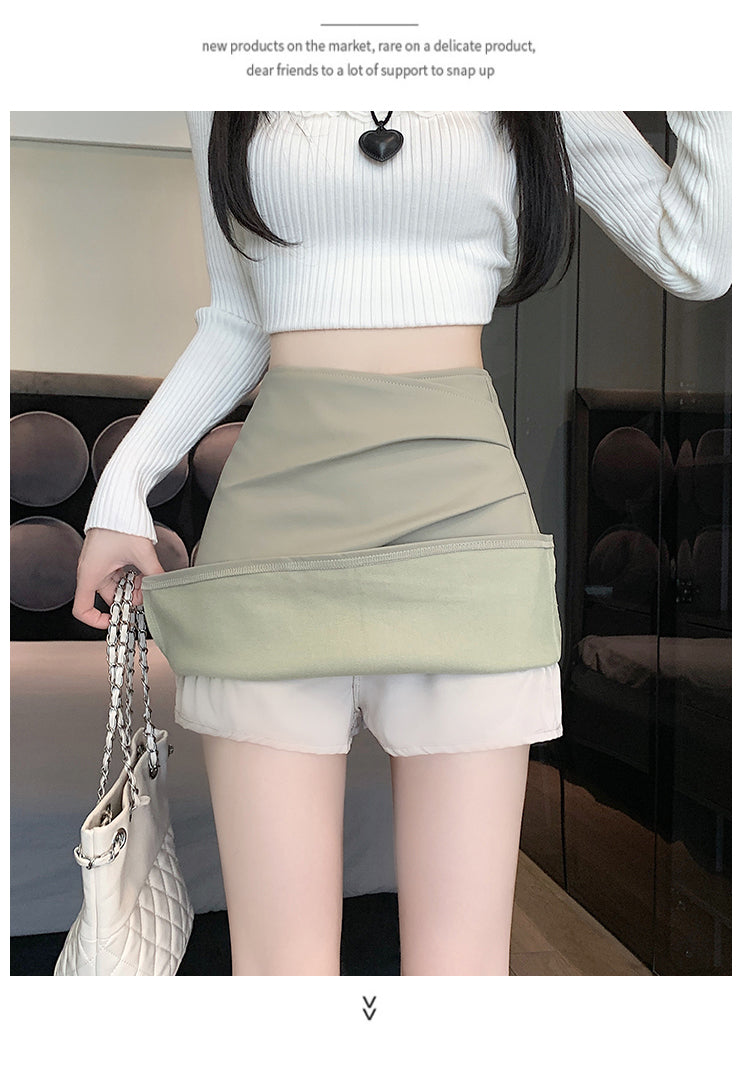 📺︎︎ CGS1134-58B 秋高腰褶皺柔軟皮不規則包臀PU皮A字半身裙短裙(3色)