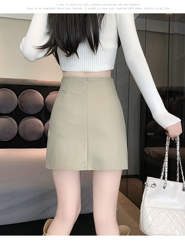 📺︎︎ CGS1134-58B 秋高腰褶皺柔軟皮不規則包臀PU皮A字半身裙短裙(3色)