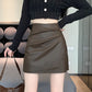 📺︎︎ CGS1134-58B 秋高腰褶皺柔軟皮不規則包臀PU皮A字半身裙短裙(3色)
