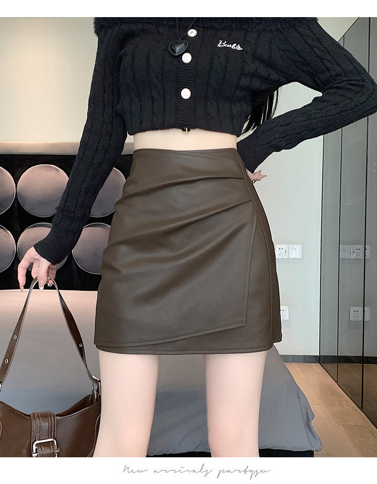 📺︎︎ CGS1134-58B 秋高腰褶皺柔軟皮不規則包臀PU皮A字半身裙短裙(3色)