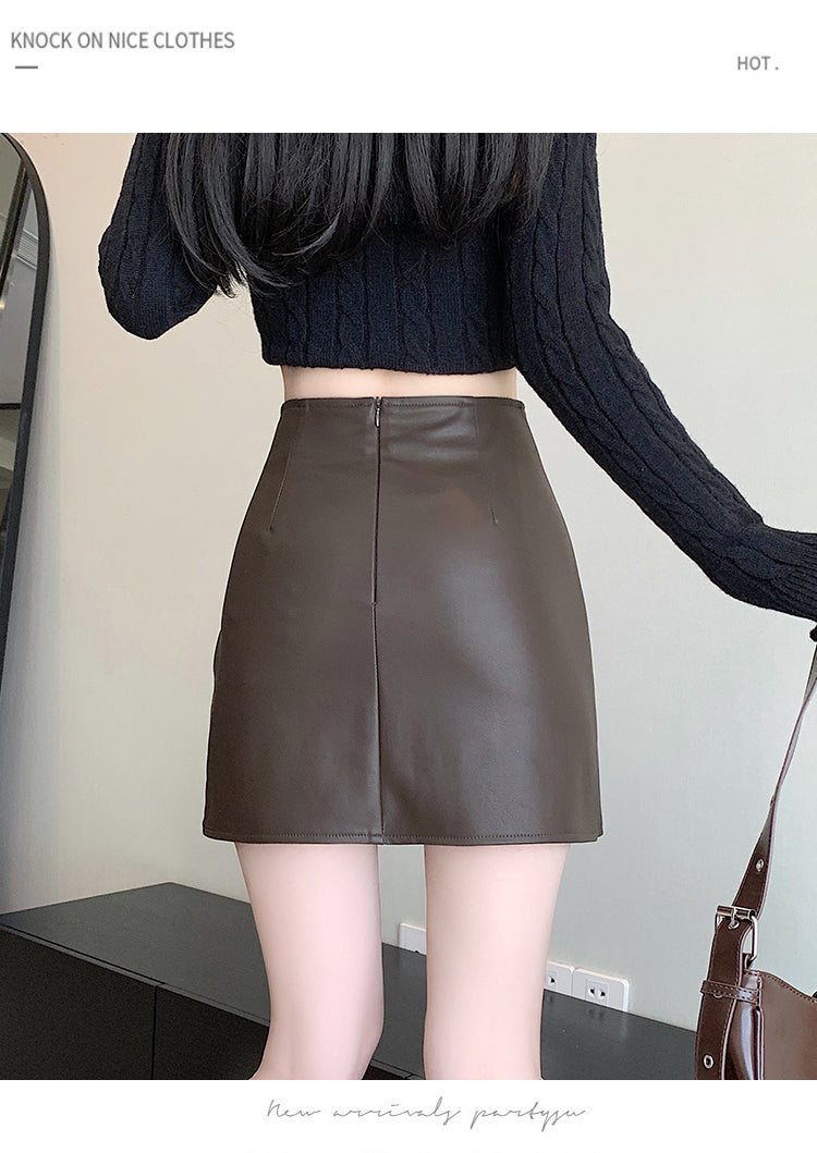 📺︎︎ CGS1134-58B 秋高腰褶皺柔軟皮不規則包臀PU皮A字半身裙短裙(3色)