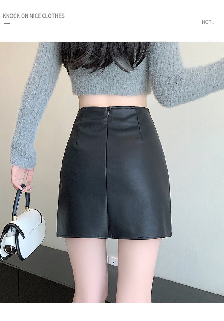 📺︎︎ CGS1134-58B 秋高腰褶皺柔軟皮不規則包臀PU皮A字半身裙短裙(3色)