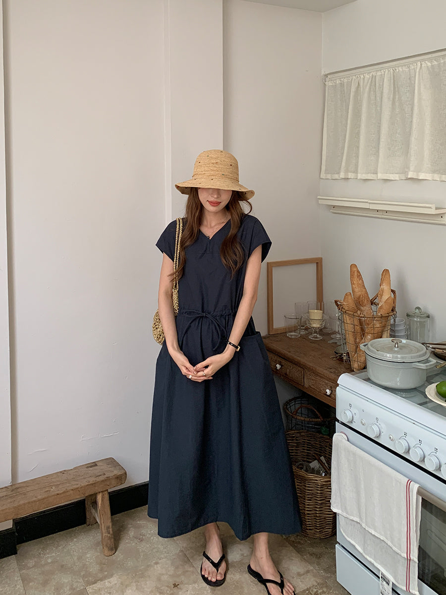 CGB0658-36H 休閒簡約系帶收腰純色V領寬鬆大口袋連衣裙