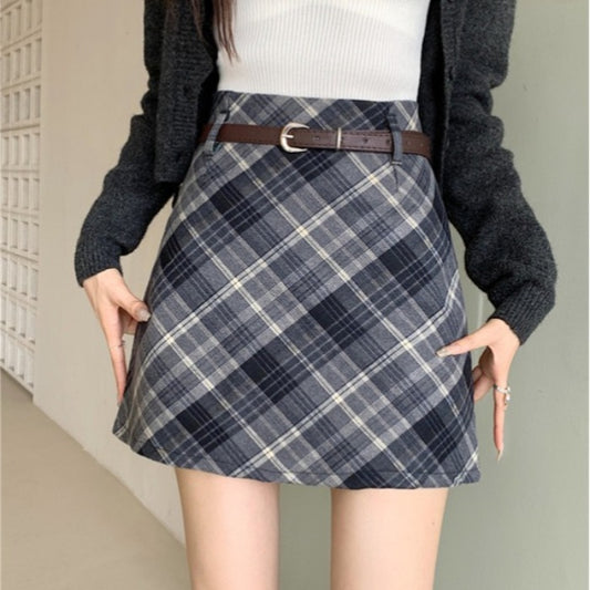 CGS5855-79B 秋冬毛呢復古高腰斜格包臀A字裙(2色)