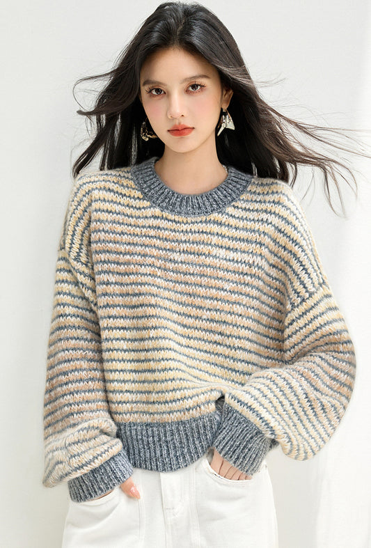 CGD6486-17B 漸變色條紋圓領毛衣秋冬針織衫(2色)