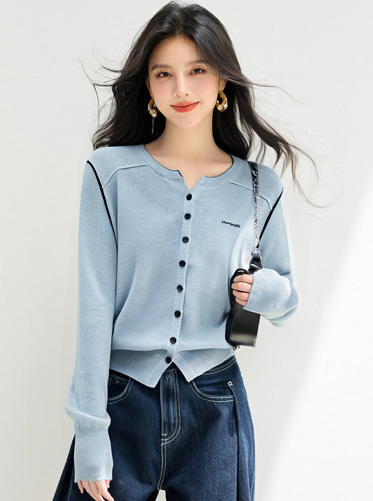 CGD6580-17B 純棉全棉線刺繡針織開衫春秋季長袖薄款上衣(2色)