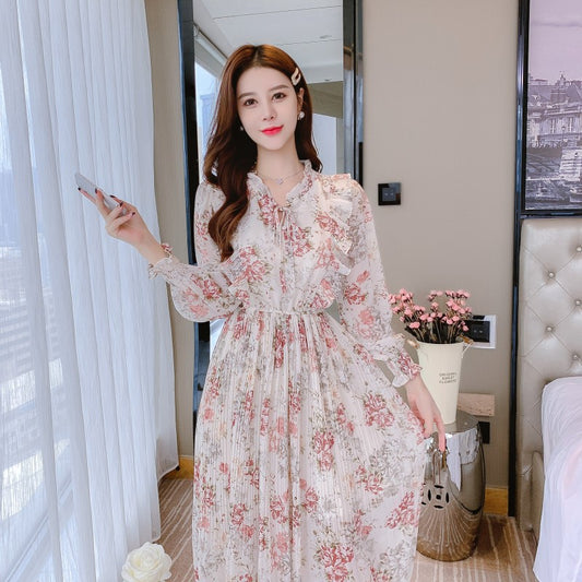 CGBMD1378-41B 秋季中長款泡泡袖復古碎花雪紡連衣裙
