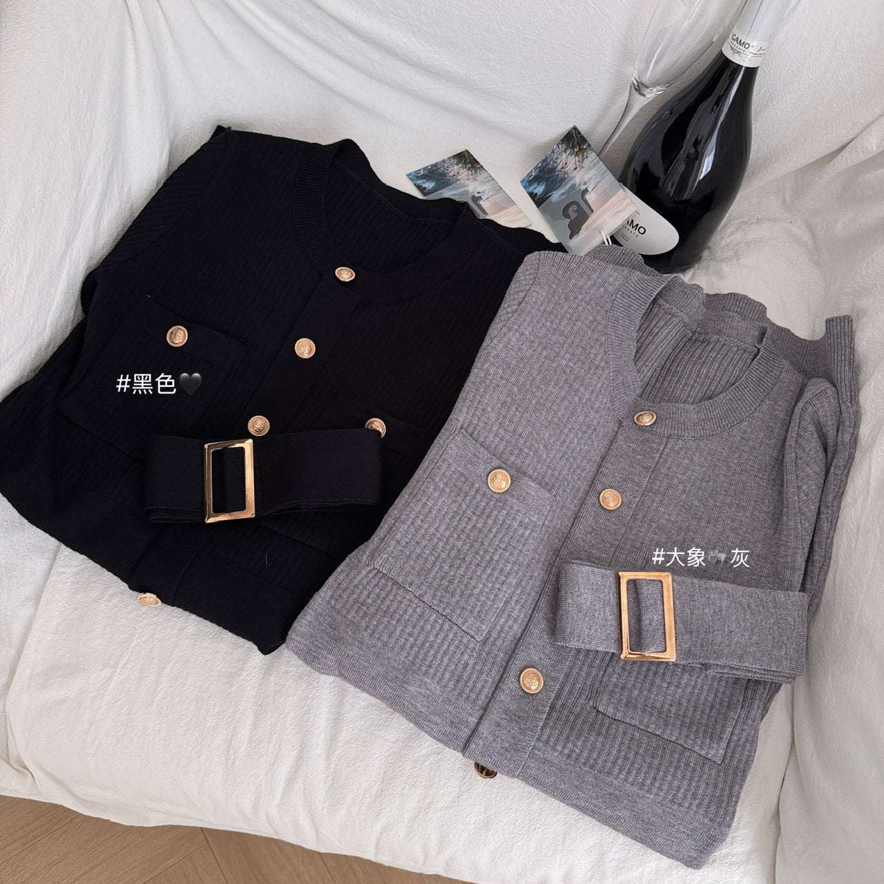 📺︎︎ CGB9493-71B 金扣腰帶長袖圓領針織裙百搭修身毛衣連衣裙(2色)