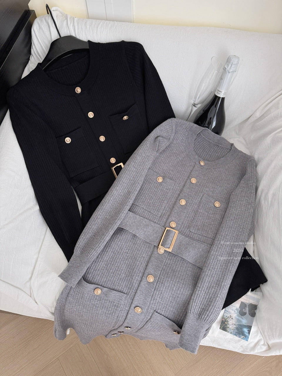 📺︎︎ CGB9493-71B 金扣腰帶長袖圓領針織裙百搭修身毛衣連衣裙(2色)