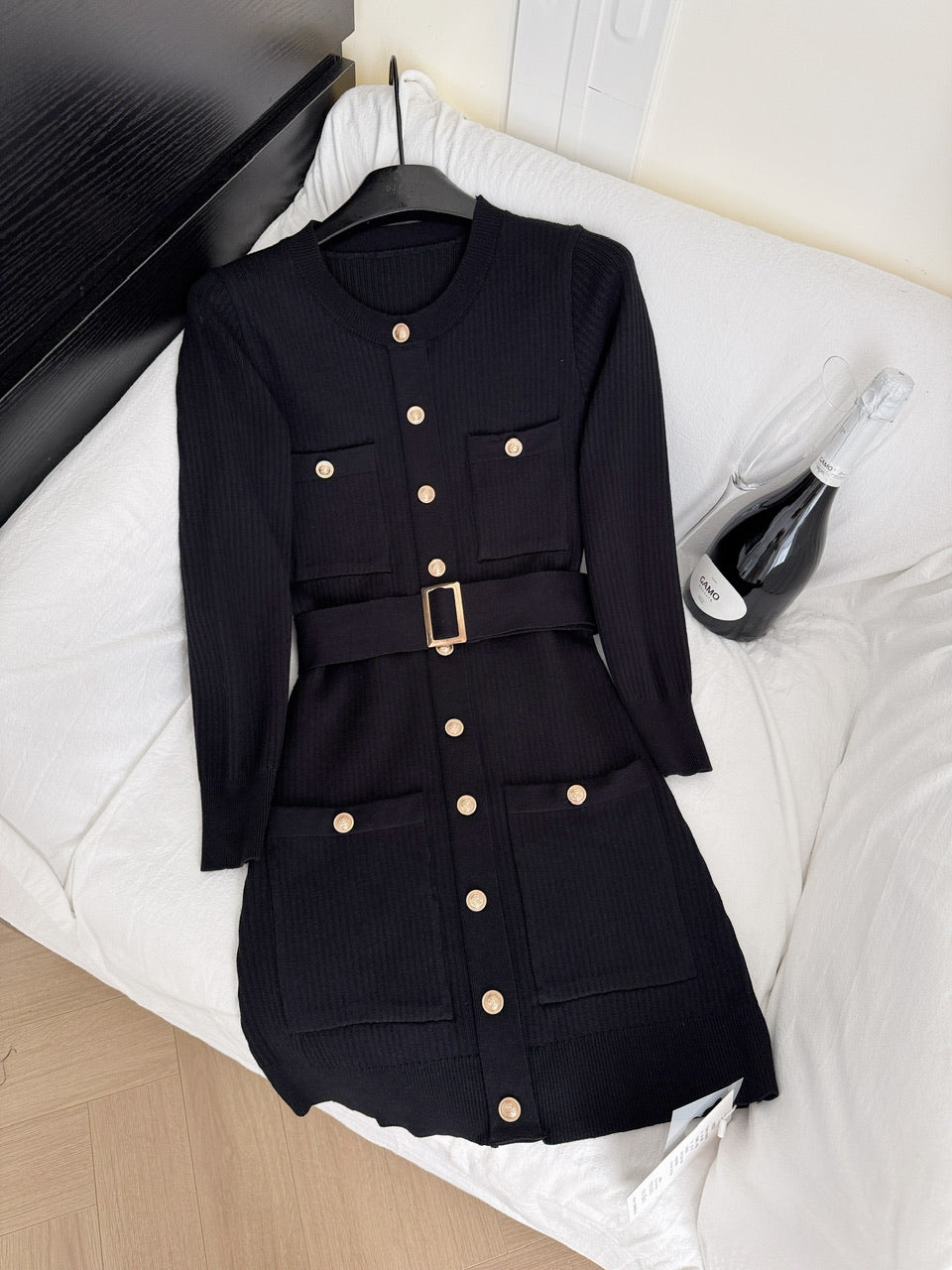 📺︎︎ CGB9493-71B 金扣腰帶長袖圓領針織裙百搭修身毛衣連衣裙(2色)