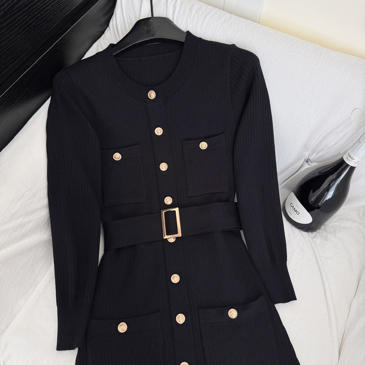 📺︎︎ CGB9493-71B 金扣腰帶長袖圓領針織裙百搭修身毛衣連衣裙(2色)