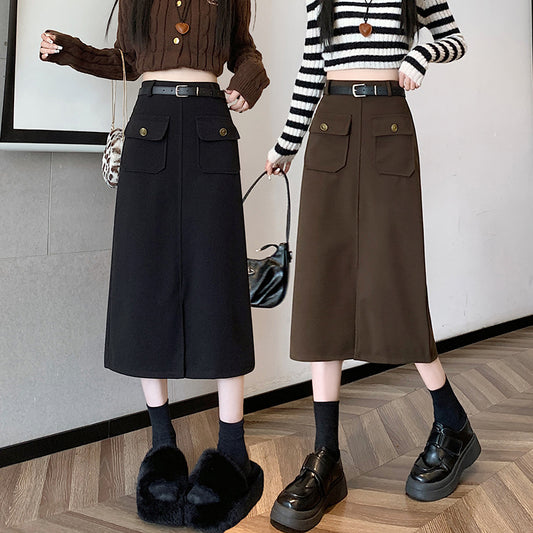 📺︎︎ CGS59388-36H 秋冬高腰毛呢中長款口袋開叉A字裙(2色)