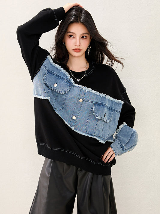 CGD5565-89B 牛仔拼接衛衣圓領長袖上衣