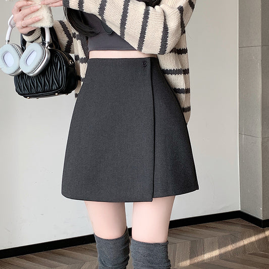📺︎︎ CGS1206-58B 秋冬高腰不規則一粒扣包臀毛呢半身A字短裙(4色)