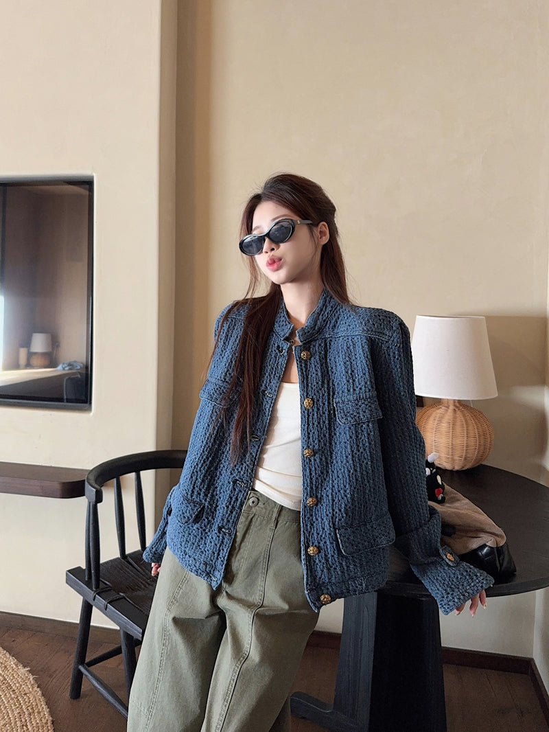 CGCC9914-36H 春秋季小香外套藍色H型立領夾克