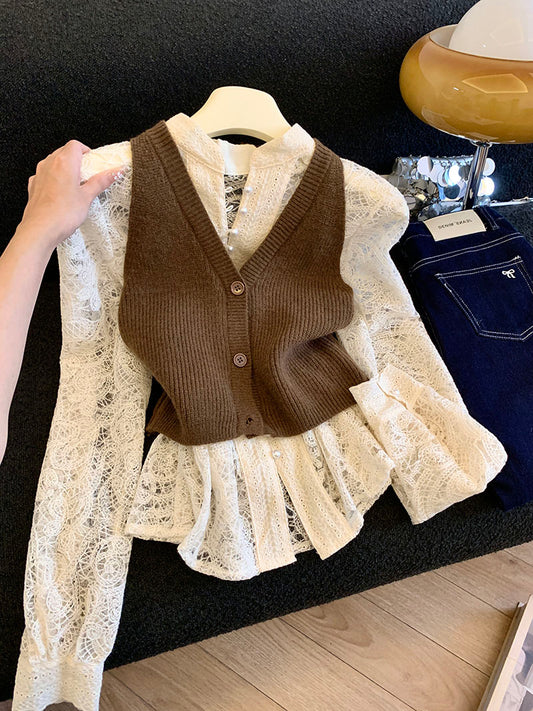 CGD52579-1-86B 蕾絲長袖襯衫秋季疊穿馬甲背心兩件套