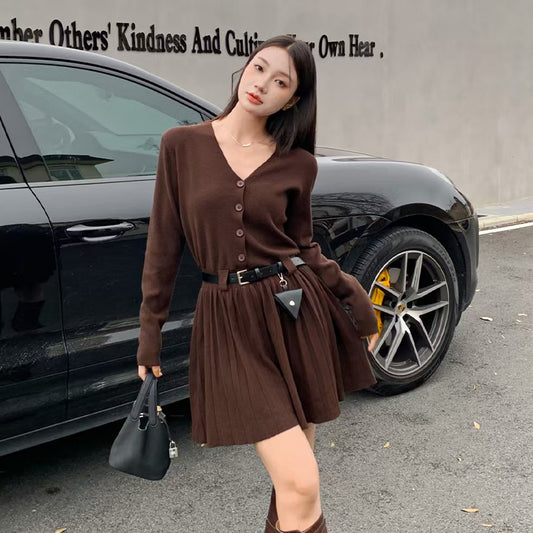 📺︎︎ CGB6386-72B 秋冬針織V領百褶短裙連衣裙(4色)