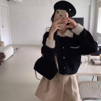 CGC7855-19B 秋冬厚軟糯短款小香風POLO翻領毛衣外套(2色)