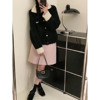 CGC7855-19B 秋冬厚軟糯短款小香風POLO翻領毛衣外套(2色)