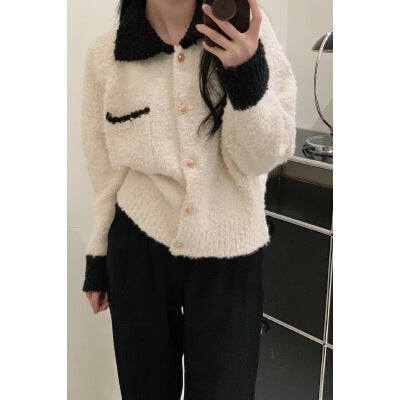 CGC7855-19B 秋冬厚軟糯短款小香風POLO翻領毛衣外套(2色)