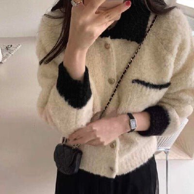 CGC7855-19B 秋冬厚軟糯短款小香風POLO翻領毛衣外套(2色)