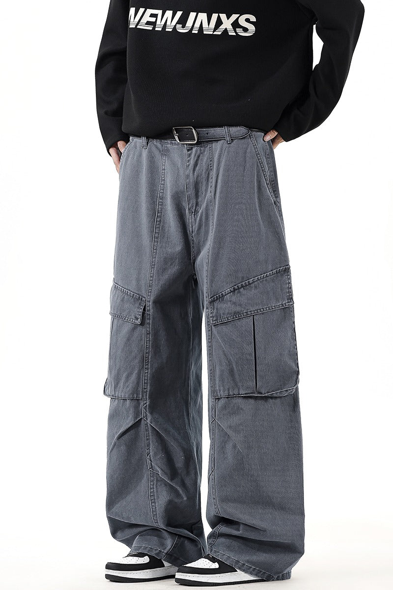 CBABK9282-65B 秋冬全棉洗水寬鬆直筒百搭拼接簡約工裝長褲(4色)