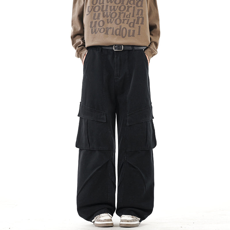 CBABK9282-65B 秋冬全棉洗水寬鬆直筒百搭拼接簡約工裝長褲(4色)