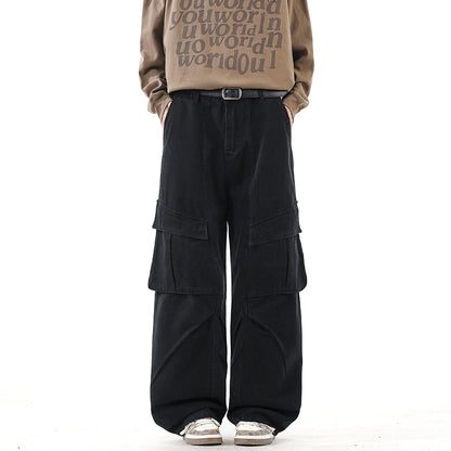 CBABK9282-65B 秋冬全棉洗水寬鬆直筒百搭拼接簡約工裝長褲(4色)