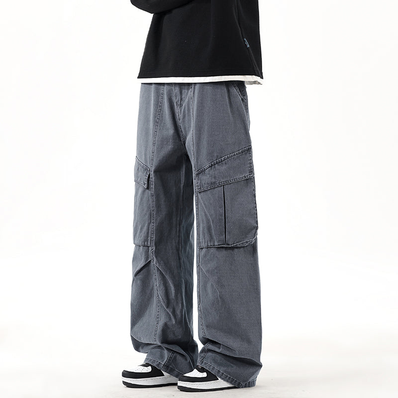 CBABK9282-65B 秋冬全棉洗水寬鬆直筒百搭拼接簡約工裝長褲(4色)