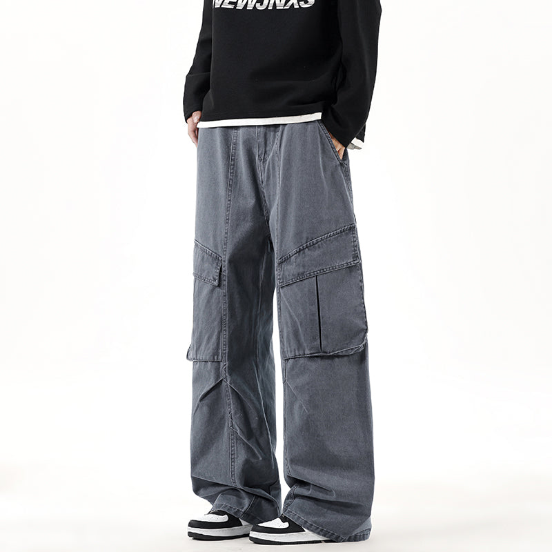 CBABK9282-65B 秋冬全棉洗水寬鬆直筒百搭拼接簡約工裝長褲(4色)