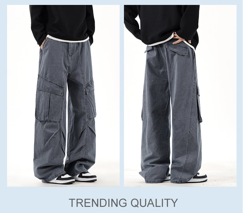 CBABK9282-65B 秋冬全棉洗水寬鬆直筒百搭拼接簡約工裝長褲(4色)