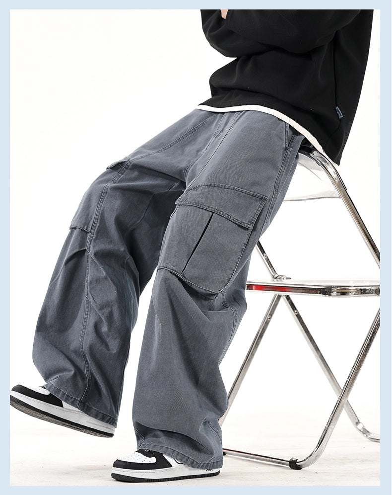 CBABK9282-65B 秋冬全棉洗水寬鬆直筒百搭拼接簡約工裝長褲(4色)