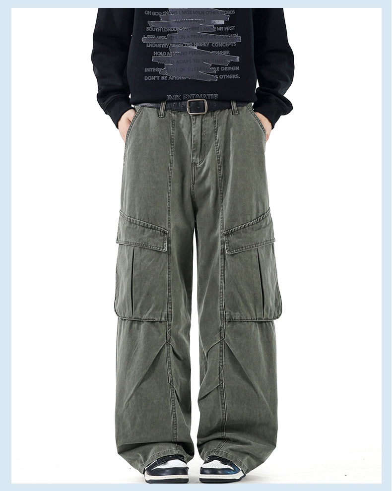 CBABK9282-65B 秋冬全棉洗水寬鬆直筒百搭拼接簡約工裝長褲(4色)