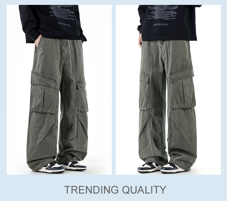 CBABK9282-65B 秋冬全棉洗水寬鬆直筒百搭拼接簡約工裝長褲(4色)