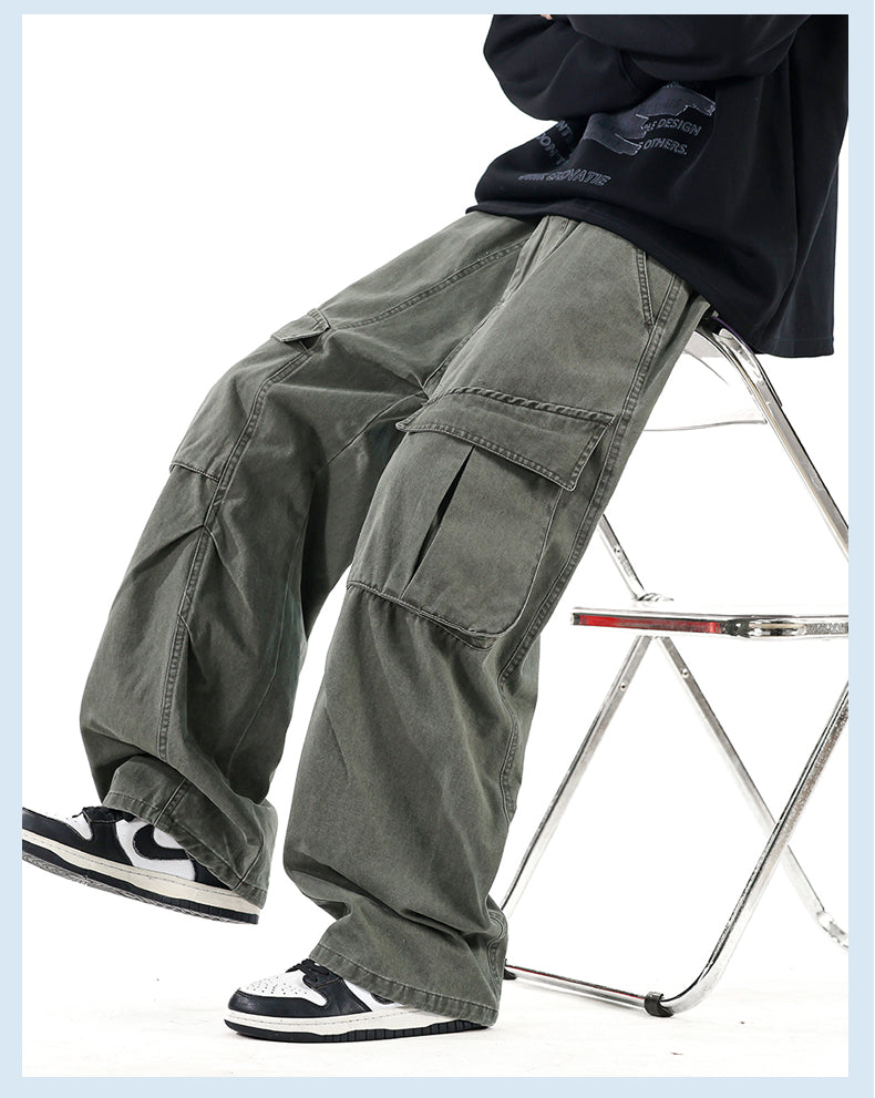 CBABK9282-65B 秋冬全棉洗水寬鬆直筒百搭拼接簡約工裝長褲(4色)