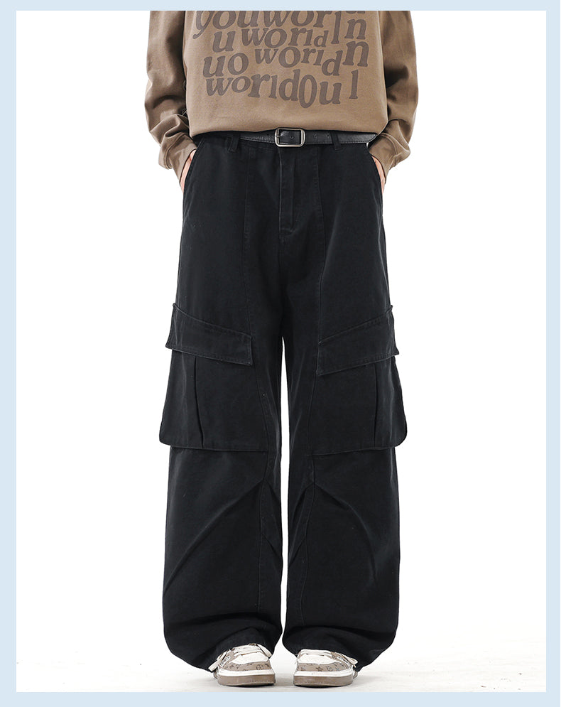 CBABK9282-65B 秋冬全棉洗水寬鬆直筒百搭拼接簡約工裝長褲(4色)