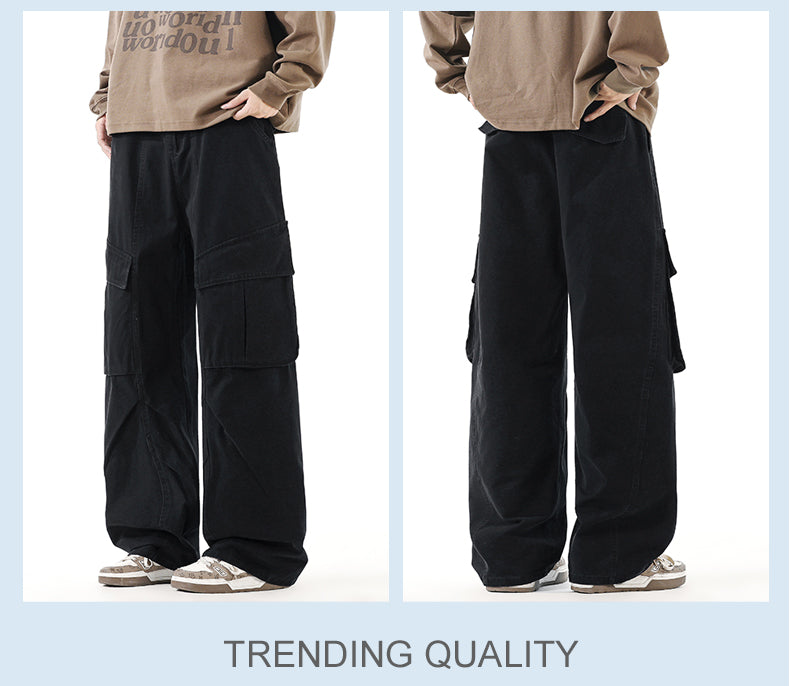 CBABK9282-65B 秋冬全棉洗水寬鬆直筒百搭拼接簡約工裝長褲(4色)