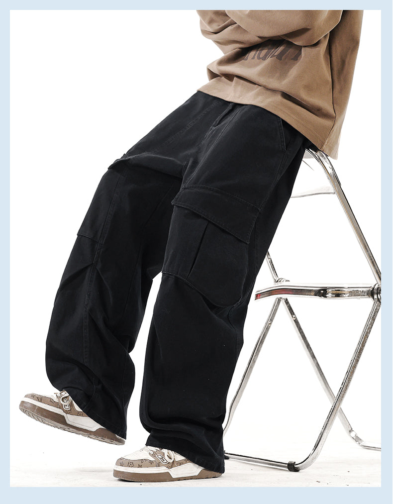 CBABK9282-65B 秋冬全棉洗水寬鬆直筒百搭拼接簡約工裝長褲(4色)