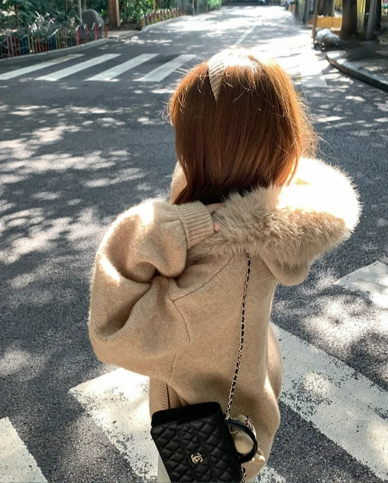 CGC44605-117B 秋冬寬鬆大毛領毛衣開衫外套(2色)