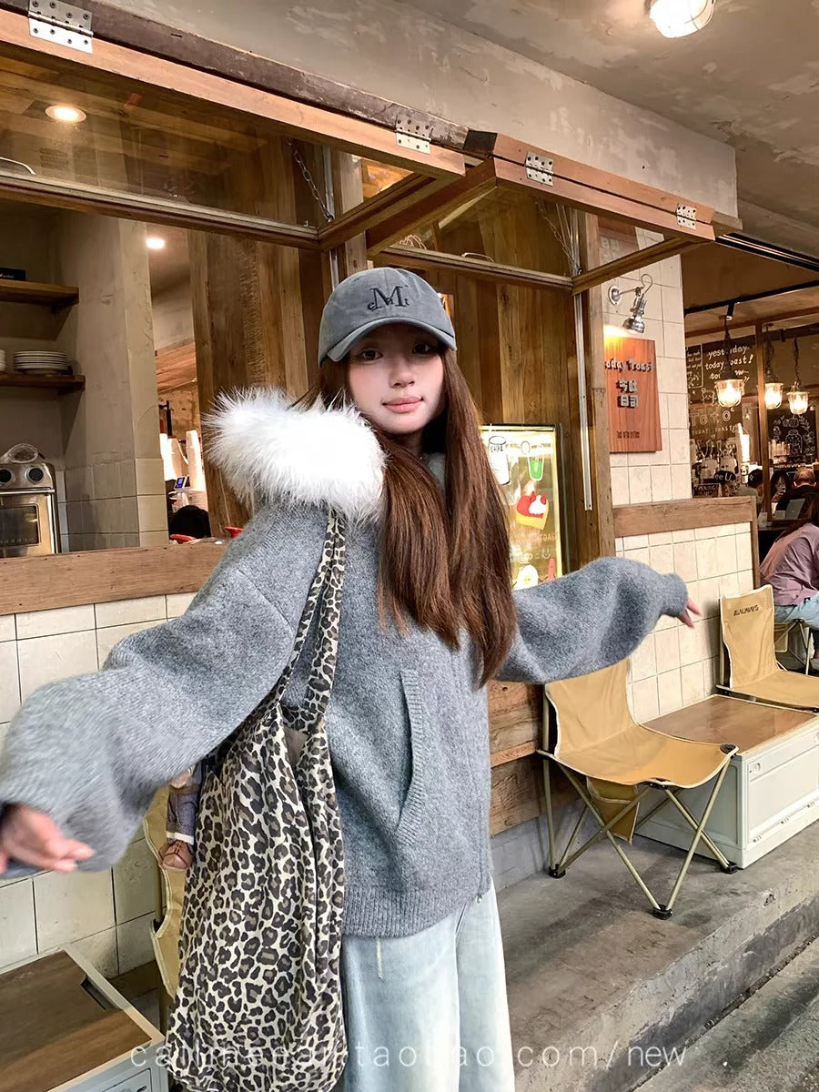 CGC44605-117B 秋冬寬鬆大毛領毛衣開衫外套(2色)