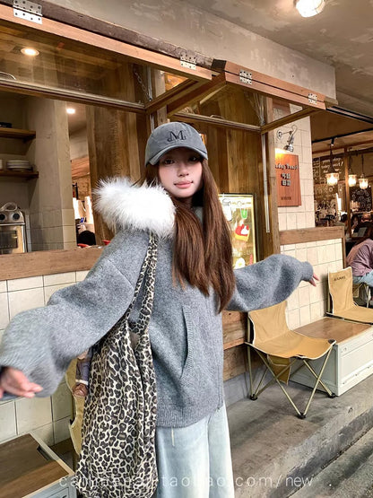 CGC44605-117B 秋冬寬鬆大毛領毛衣開衫外套(2色)