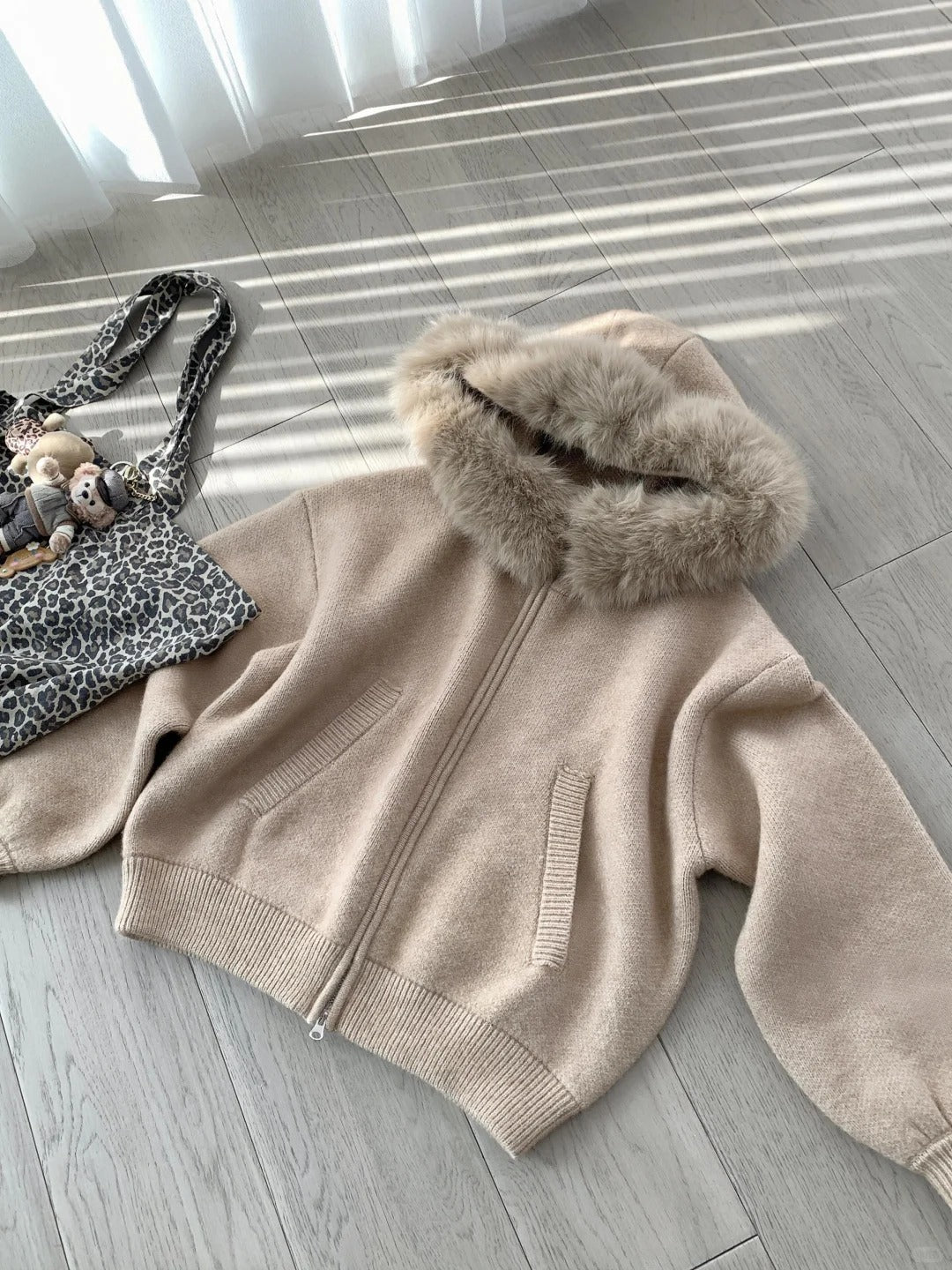 CGC44605-117B 秋冬寬鬆大毛領毛衣開衫外套(2色)