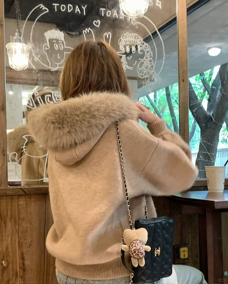 CGC44605-117B 秋冬寬鬆大毛領毛衣開衫外套(2色)