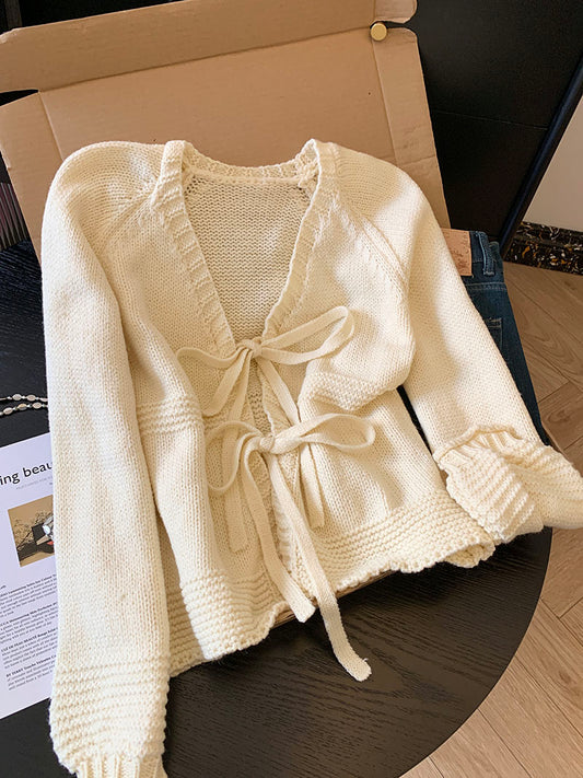 📺︎︎ CGC52756-1-86B 早秋燈籠袖系帶針織開衫外套(2色)