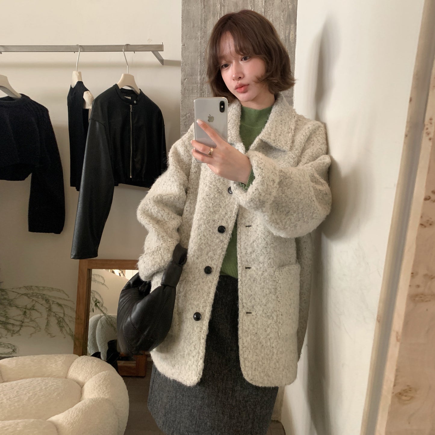 CGC15296-17B 毛毛外套秋冬寬鬆中長款翻領單排扣大衣(3色)