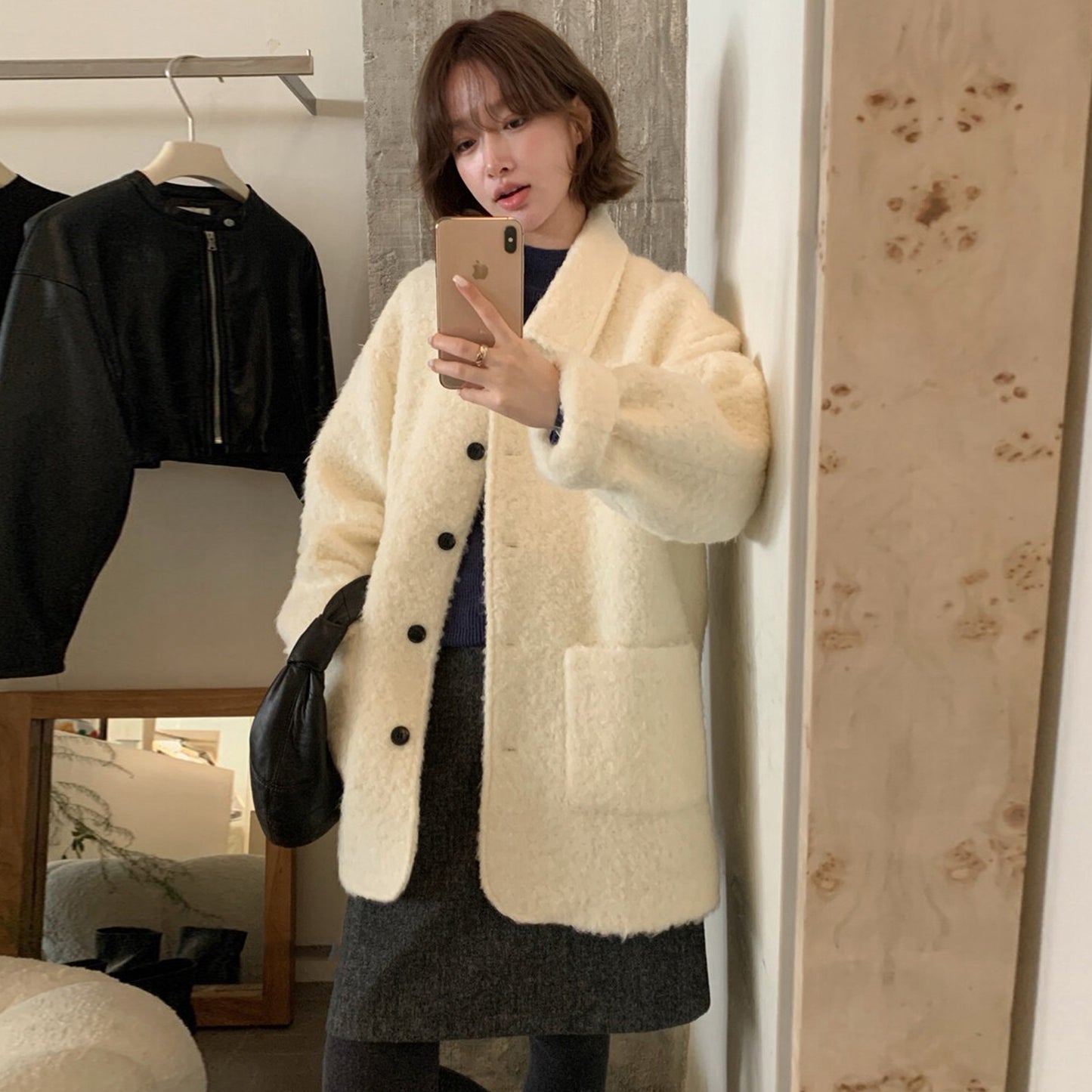 CGC15296-17B 毛毛外套秋冬寬鬆中長款翻領單排扣大衣(3色)