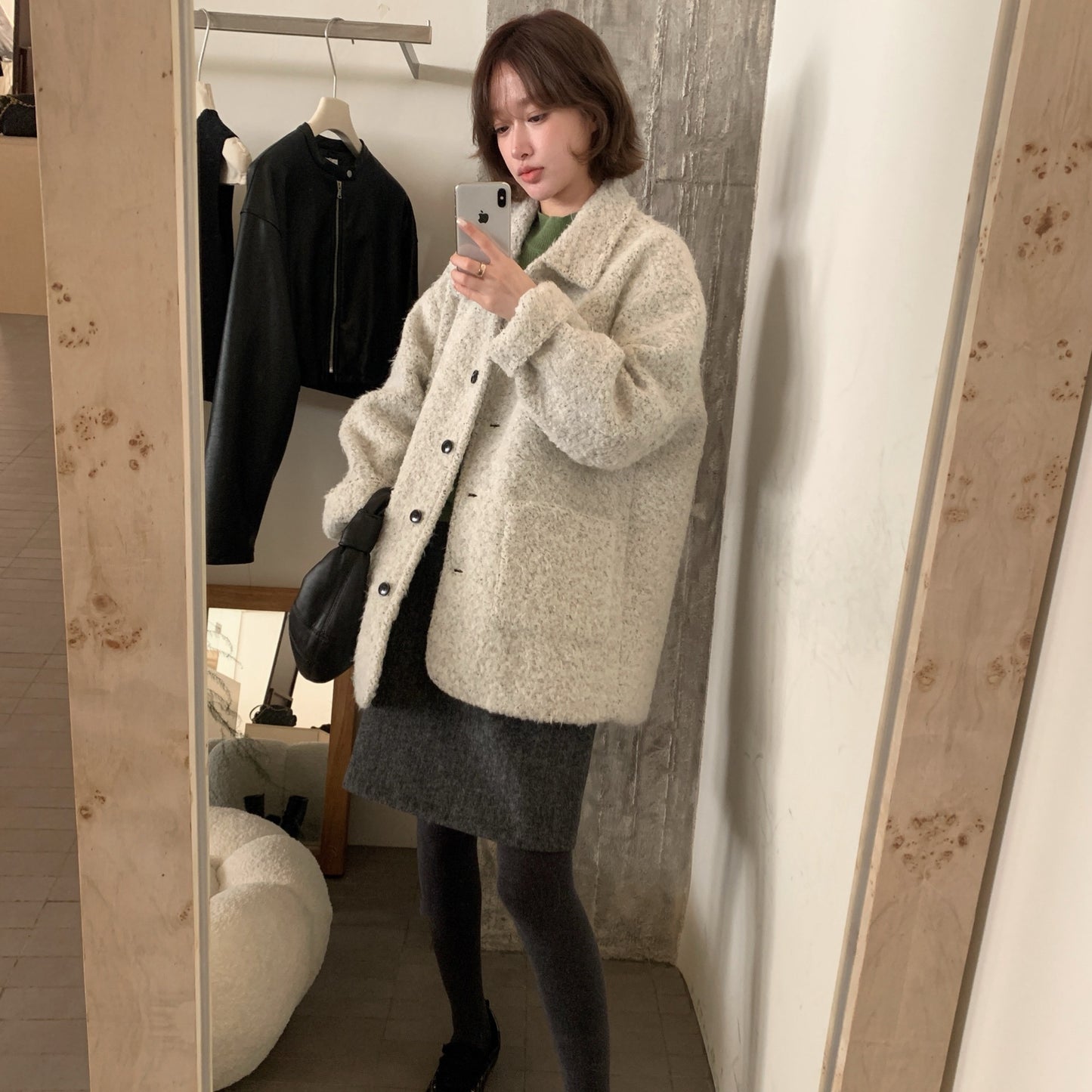 CGC15296-17B 毛毛外套秋冬寬鬆中長款翻領單排扣大衣(3色)